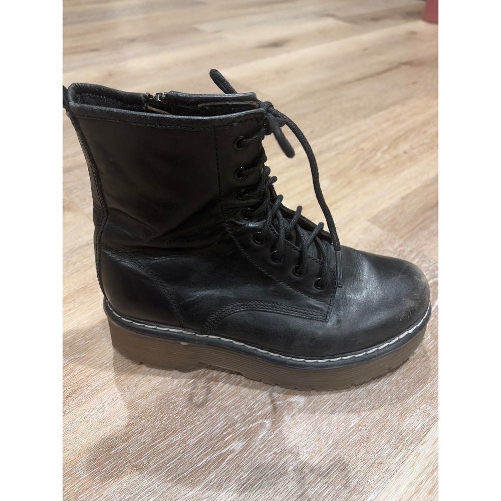 Koolaburra by UGG Black Leather Lace Up Platform Combat Boots Side Zip Lug Sole